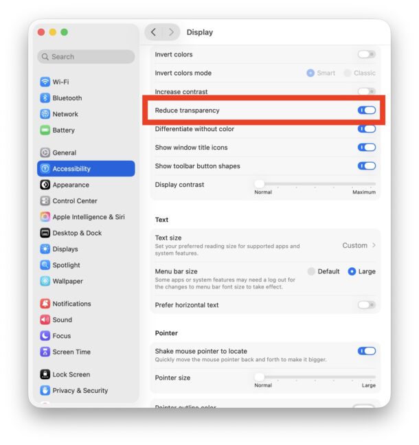 Disabilita la maggior parte di Liquid Glass su macOS Tahoe ovunque impostando la riduzione della trasparenza sulla posizione ON