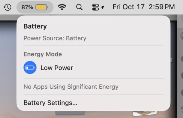 Il menu Batteria sul Mac ti consente anche di attivare facilmente la modalità Risparmio energetico