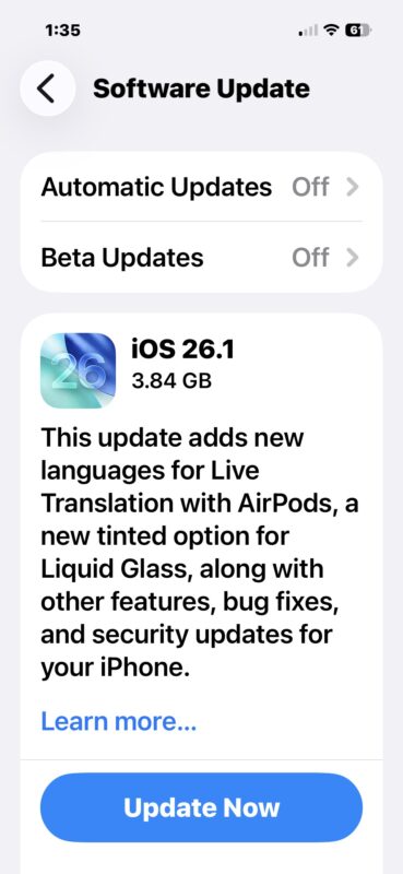 Aggiornamento iOS 26.1 disponibile per il download e l'installazione