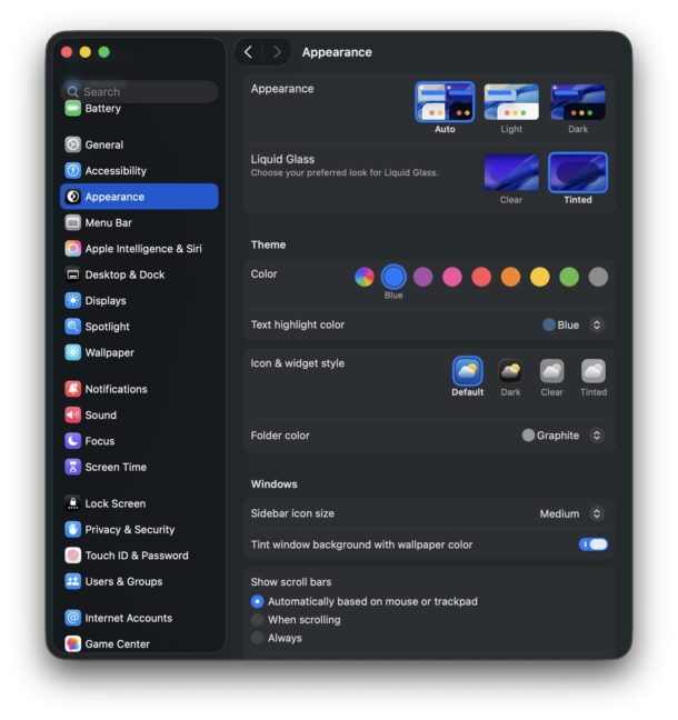 macOS Tahoe include le opzioni di aspetto Trasparente e Colorato