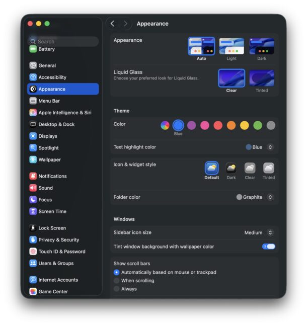 Opzioni di aspetto trasparente e colorato in macOS Tahoe