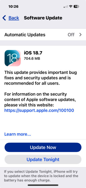 Aggiornamento iOS 18.7
