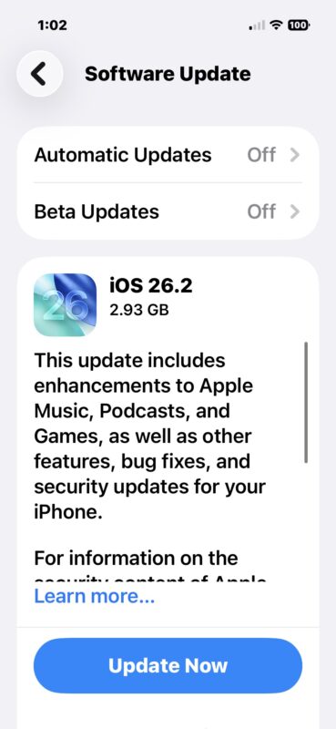 Aggiornamento iOS 26.2