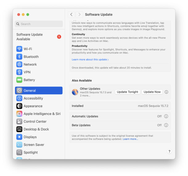 Aggiornamento di MacOS Sequoia 15.7.3