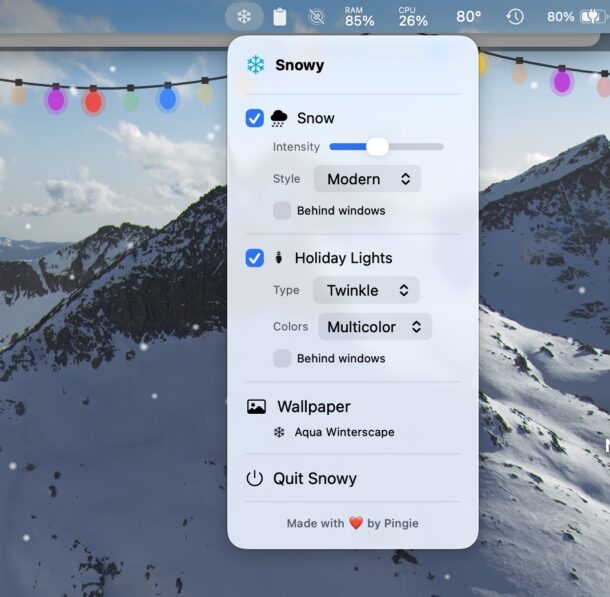 Opzioni dell'app Snowy per Mac