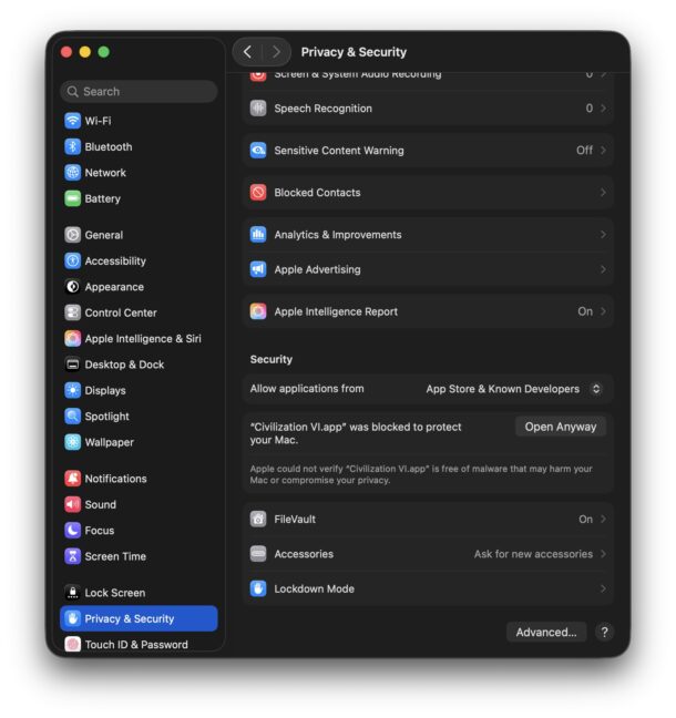 Apri Civilization 6 nelle impostazioni di sicurezza su Mac