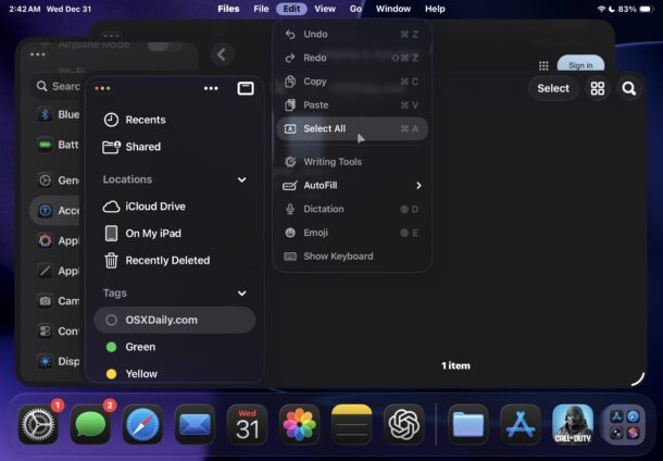 Accesso alla barra dei menu da iPad