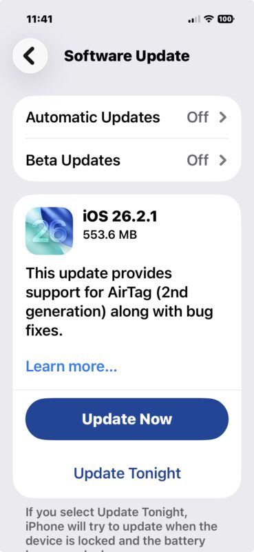 Aggiornamento iOS 26.2.1 per iPhone