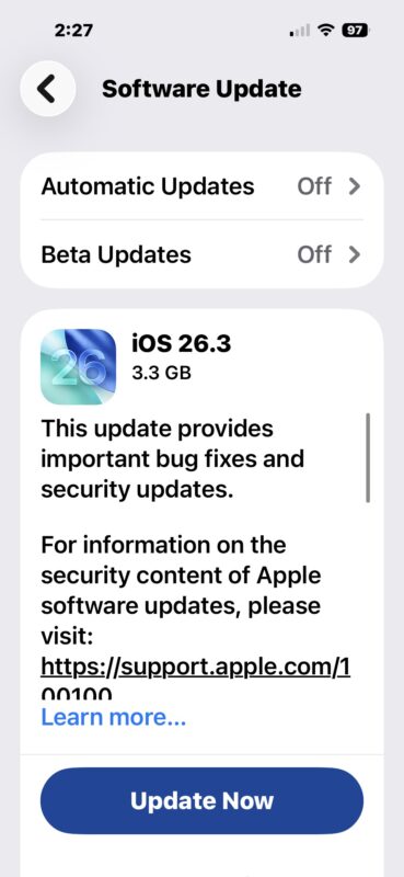 Aggiornamento iOS 26.3 disponibile per il download 