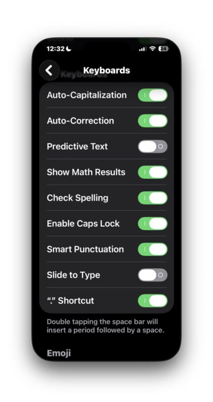 Queste due impostazioni possono aiutare i problemi della tastiera iOS 26 se riguardano la diapositiva per digitare e il testo predittivo