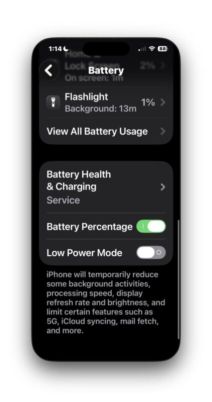 Stato della batteria cambiato in Servizio su iPhone