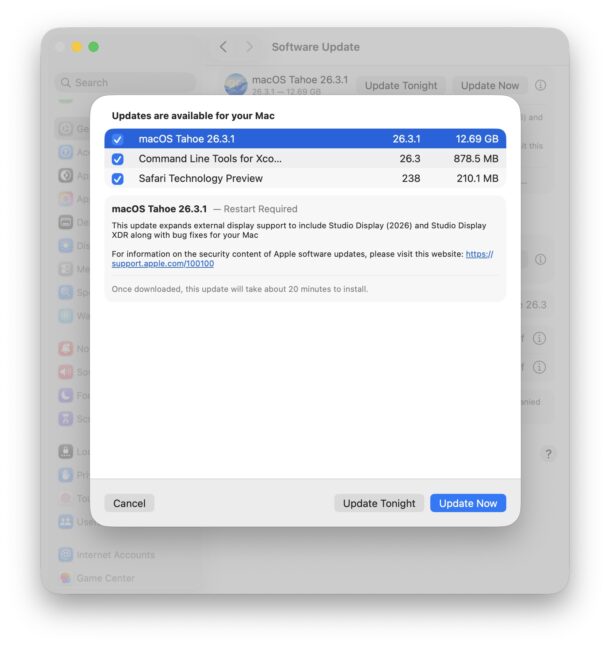 Aggiornamento macOS Tahoe 26.3.1